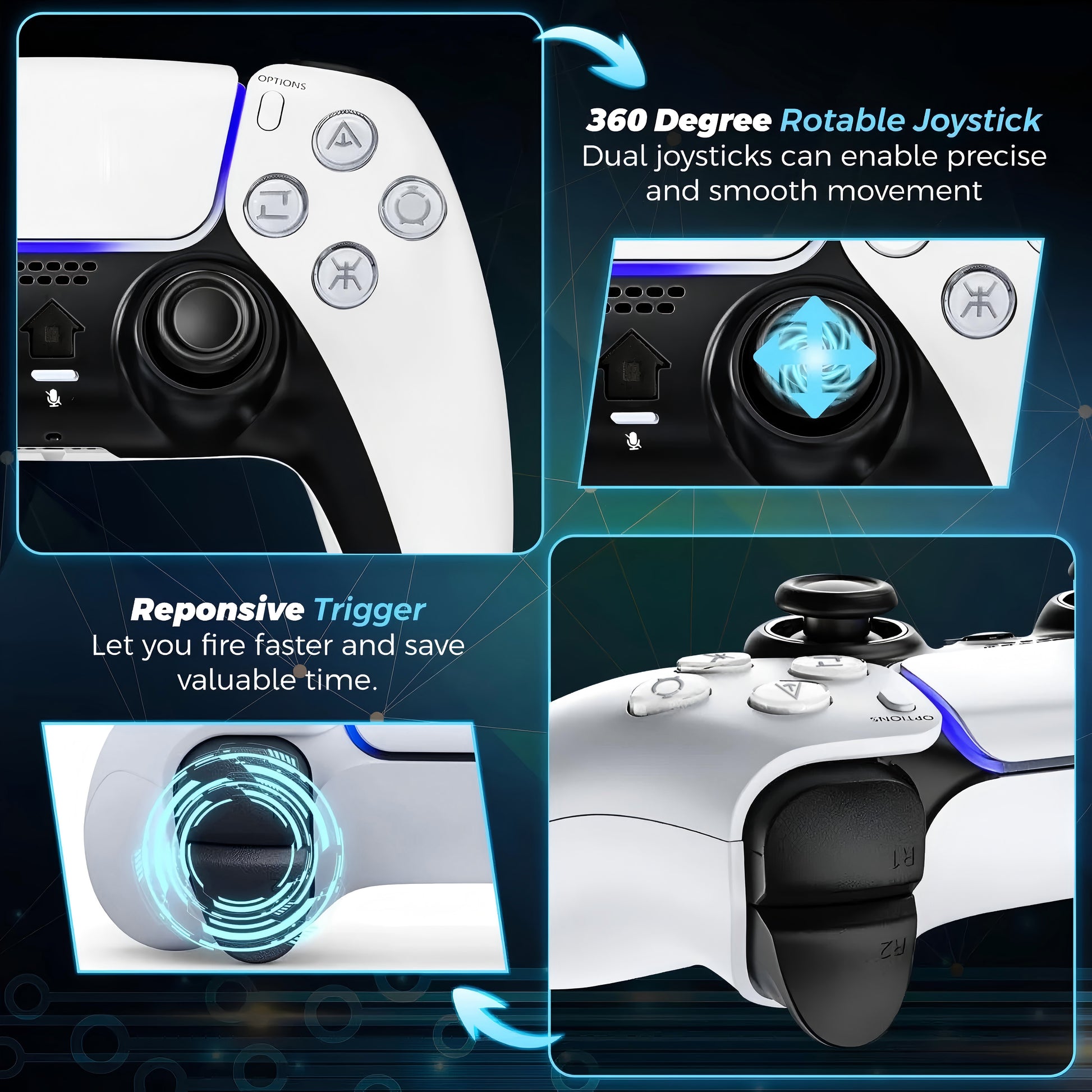 Wireless Controller Compatible for P5, Bluetooth 5.0 with 1000mAh Battery, Dual Vibration, 6-Axis Motion Control, USB-C Charging, Gamepad Compatible with P5/Windows PC, White