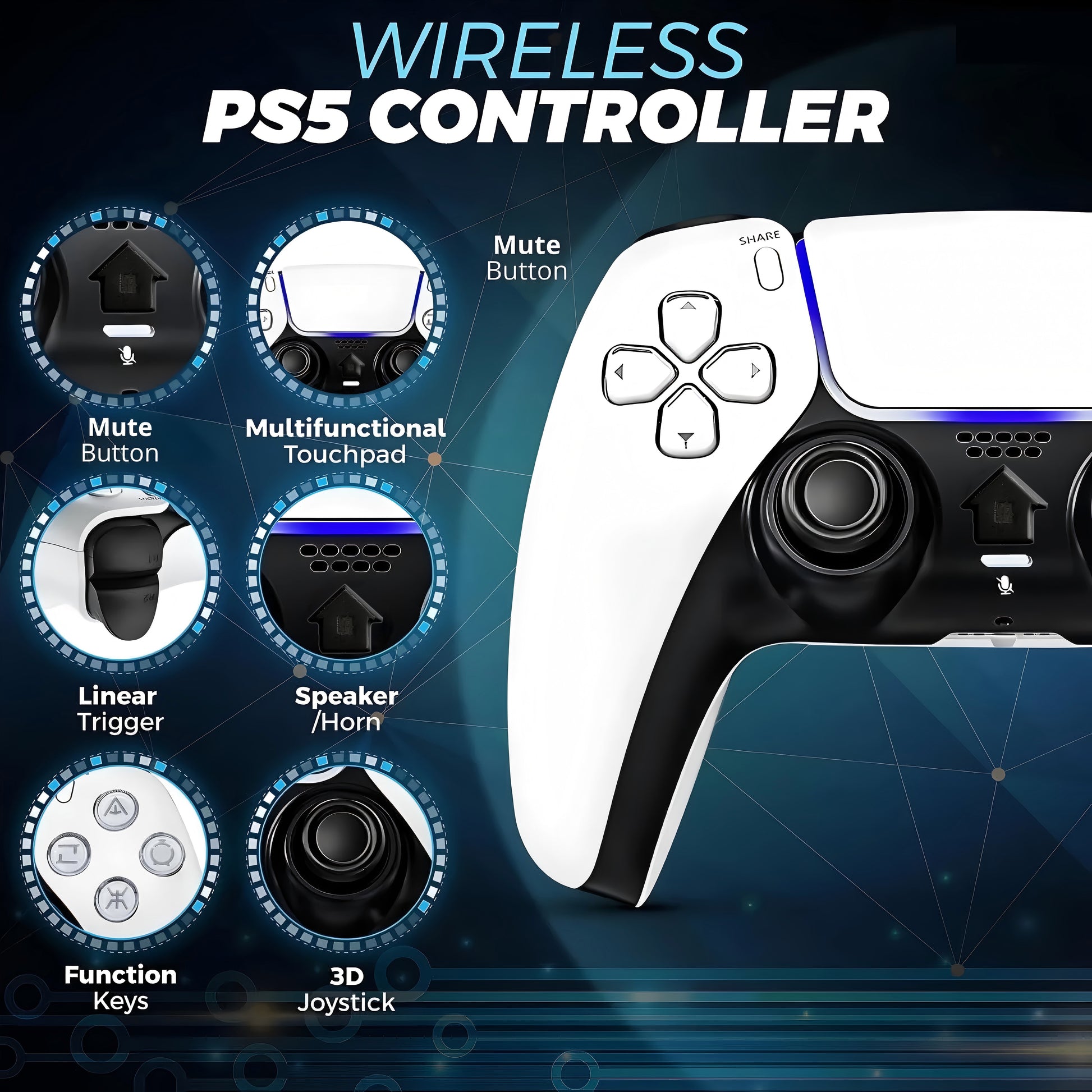 Wireless Controller Compatible for P5, Bluetooth 5.0 with 1000mAh Battery, Dual Vibration, 6-Axis Motion Control, USB-C Charging, Gamepad Compatible with P5/Windows PC, White